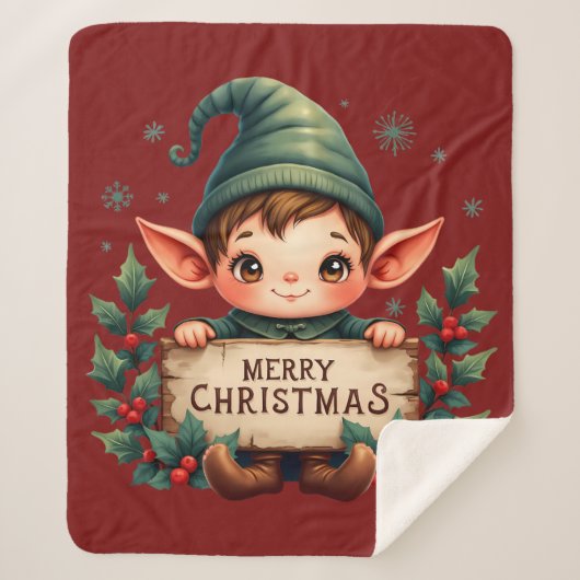 Cute Christmas Elf Holding Merry Sign Red Sherpa Deken (Voorkant)