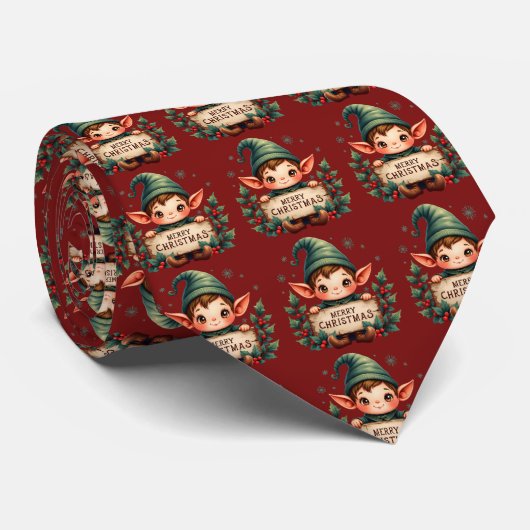 Cute Christmas Elf Holding Merry Sign Red Stropdas (Opgerold)