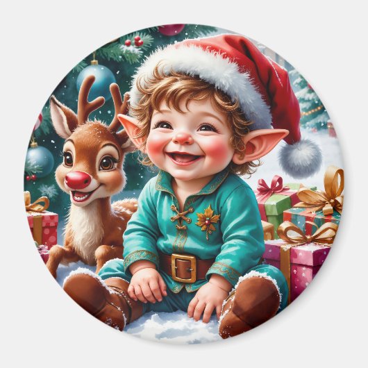 Cute Christmas Elf & Reindeer  Magneet (Voorkant)
