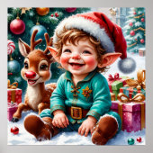 Cute Christmas Elf & Reindeer Poster (Voorkant)