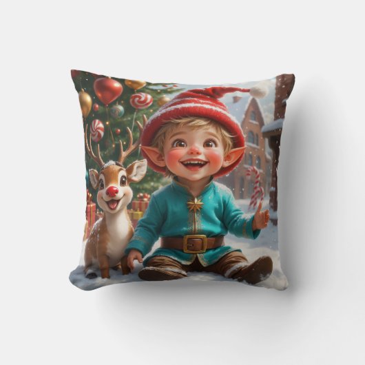 Cute Christmas Elf & Reindeer  Throw Pillow Kussen (Voorkant)