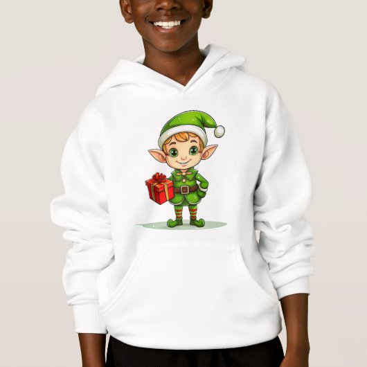 Cute Christmas Elf with Gift – Holiday Hoodie (Voorkant)