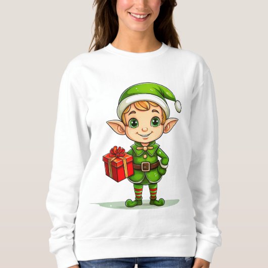 Cute Christmas Elf with Gift – Holiday Sweatshirt  (Voorkant)