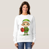 Cute Christmas Elf with Gift – Holiday Sweatshirt  (Voorkant volledig)