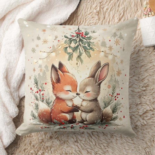 Cute Christmas Fox & Bunny Under Mistletoe Pillow Kussen (Deken)