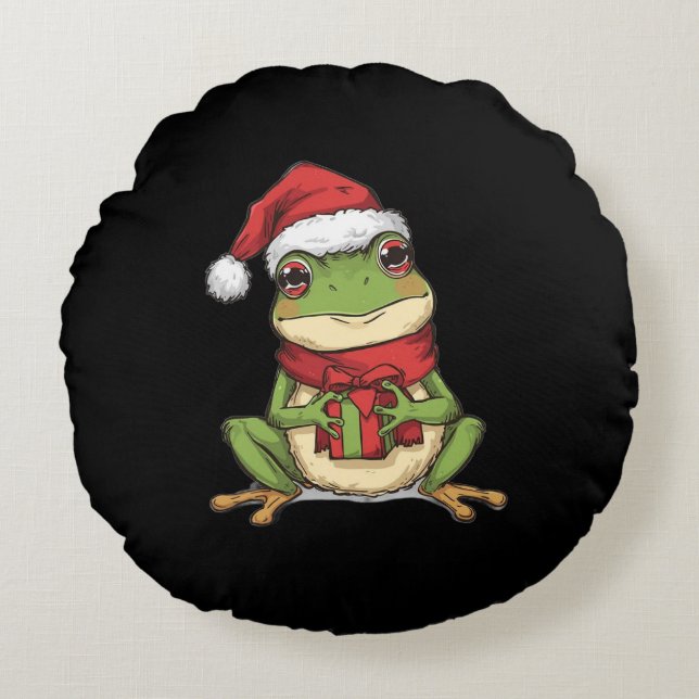 Cute Christmas Frog Sweater - Santa Frog Holding G Rond Kussen (Voorkant)