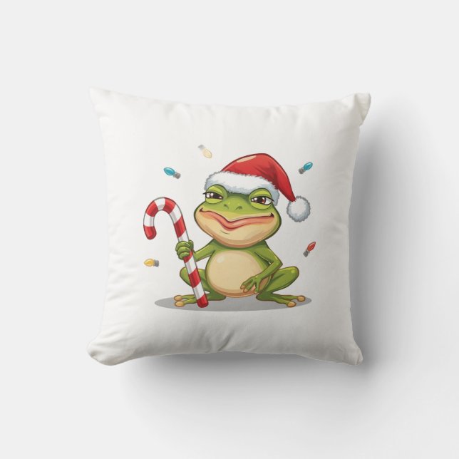 Cute Christmas Frog With Candy Cane - Funny Holida Kussen (Voorkant)