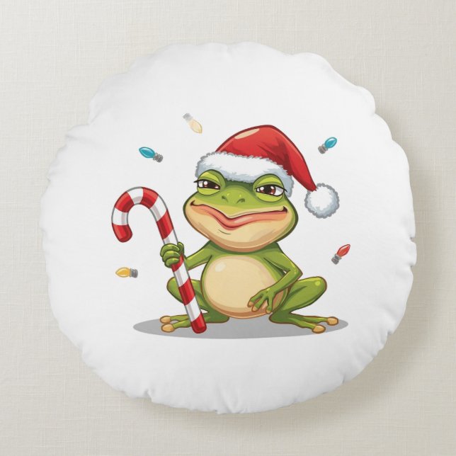 Cute Christmas Frog With Candy Cane - Funny Holida Rond Kussen (Voorkant)