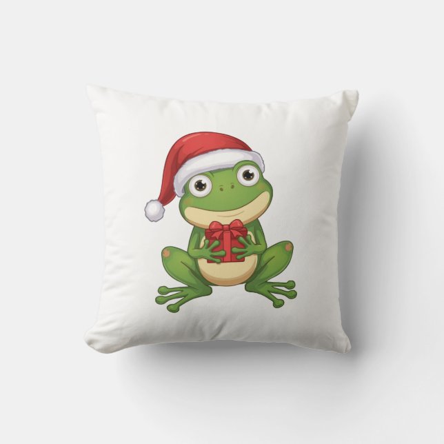 Cute Christmas Frog with Santa Hat and Gift |  Fun Kussen (Voorkant)
