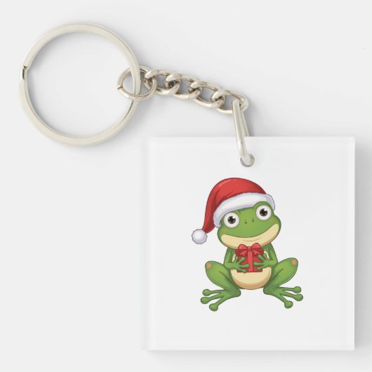 Cute Christmas Frog with Santa Hat and Gift |  Fun Sleutelhanger (voorkant)