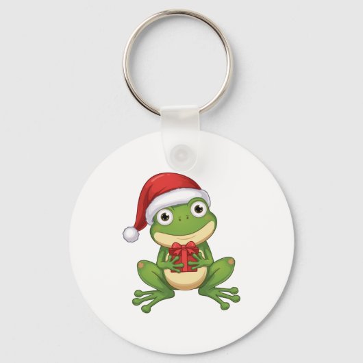 Cute Christmas Frog with Santa Hat and Gift |  Fun Sleutelhanger (Voorkant)