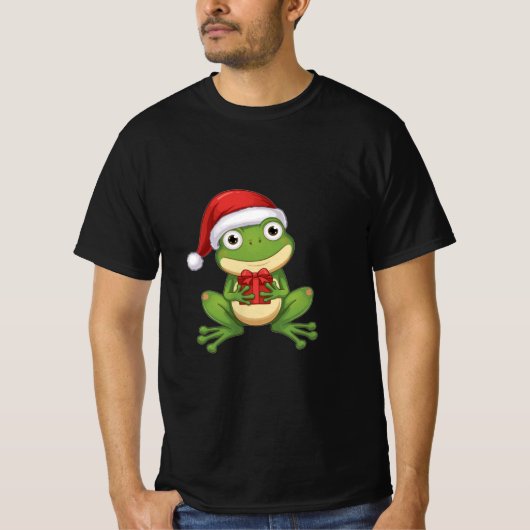 Cute Christmas Frog with Santa Hat and Gift | Fun T-shirt (Voorkant)