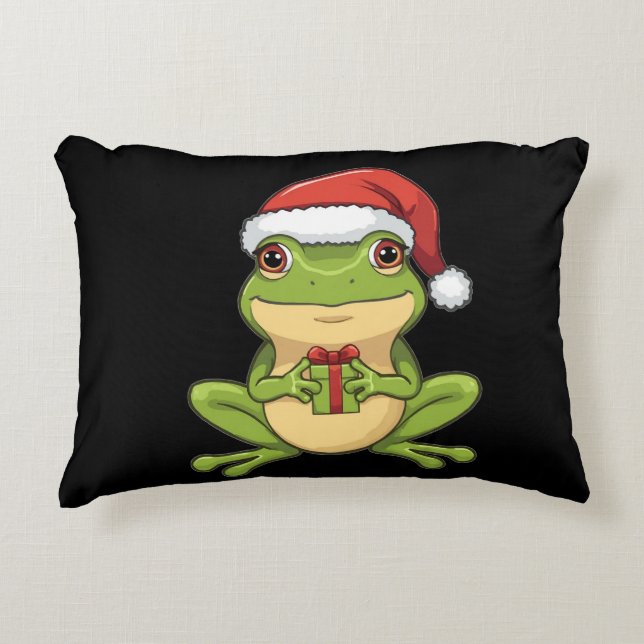 Cute Christmas Frog with Santa Hat Holding  Gift - Accent Kussen (Voorkant)