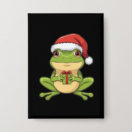 Cute Christmas Frog with Santa Hat Holding Gift - Button (Voorkant)