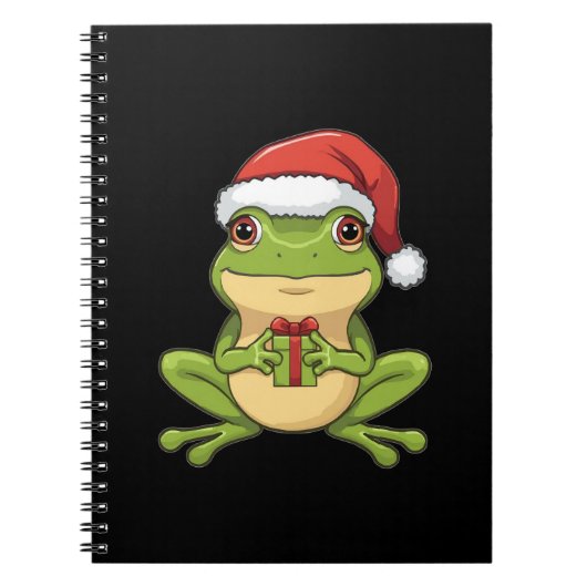 Cute Christmas Frog with Santa Hat Holding Gift - Notitieboek (Voorkant)