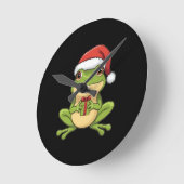 Cute Christmas Frog with Santa Hat Holding  Gift - Ronde Klok (Hoek)