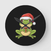 Cute Christmas Frog with Santa Hat Holding Gift - Ronde Klok (Voorkant)
