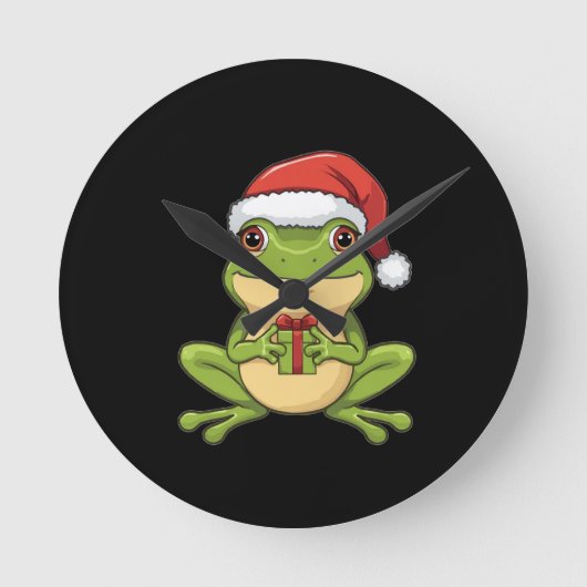 Cute Christmas Frog with Santa Hat Holding  Gift - Ronde Klok (Voorkant)