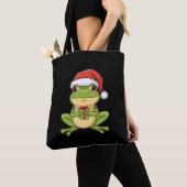 Cute Christmas Frog with Santa Hat Holding Gift - Tote Bag (Dichtbij)