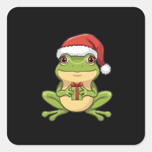 Cute Christmas Frog with Santa Hat Holding  Gift - Vierkante Sticker (Voorkant)