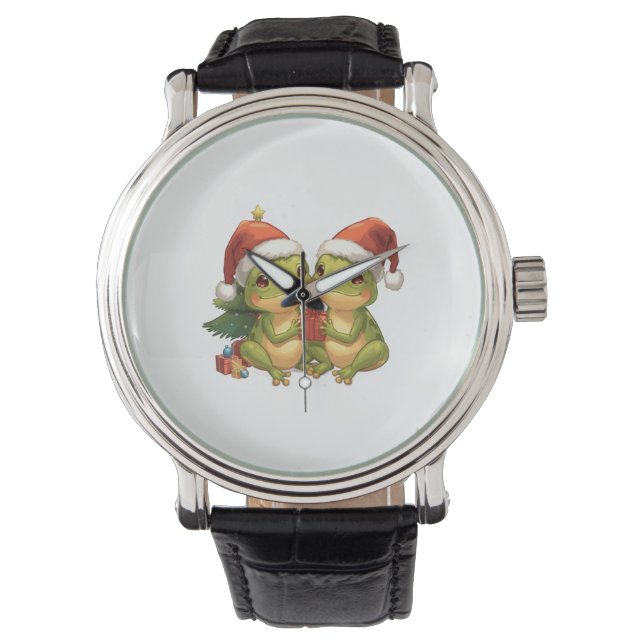Cute Christmas Frogs Holding Gifts  Adorable Holid Horloge (Voorkant)