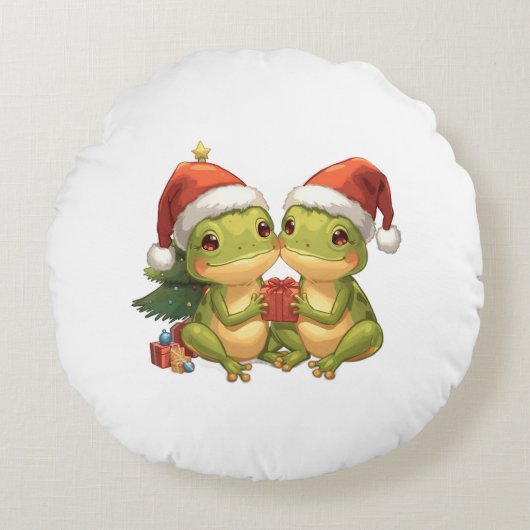 Cute Christmas Frogs Holding Gifts  Adorable Holid Rond Kussen (Voorkant)