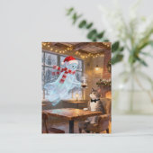 Cute Christmas Ghost Serves Cat in a Coffee shop Briefkaart (Staand voorkant)
