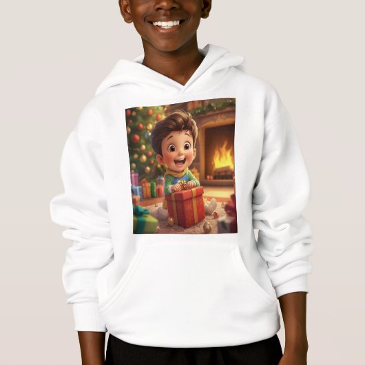 Cute Christmas Gift Opening Cartoon Kid Hoodie – H (Voorkant)