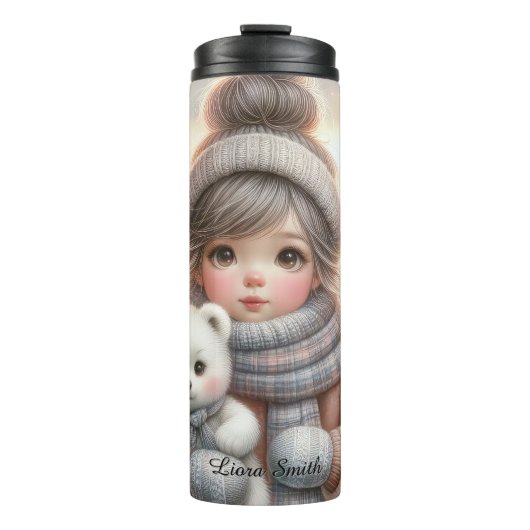 Cute Christmas Girl with Polar Teddy Bear, Thermo Thermosbeker (Voorkant)