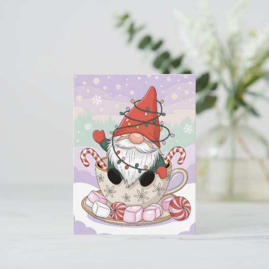 Cute Christmas Gnome in a Teacup Cartoon Briefkaart (Staand voorkant)