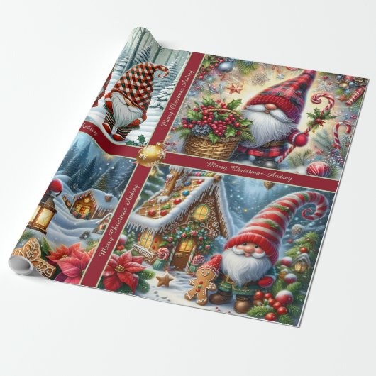 Cute Christmas Gnomes Wrapping Paper with Text Cadeaupapier (Uitgerold)