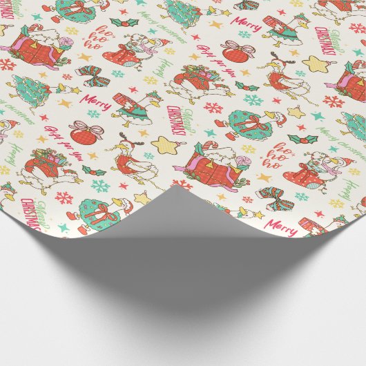 Cute Christmas Goose Illustration Pattern Ivory Cadeaupapier (Hoek)