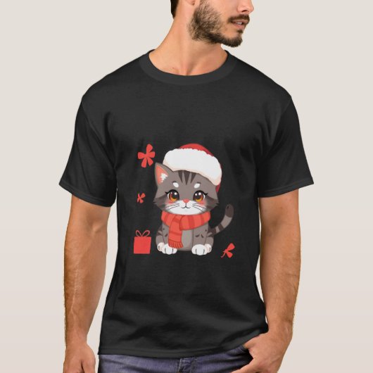 Cute Christmas Grey Cat Santa Hat Holiday Art ✨🐾 T-shirt (Voorkant)