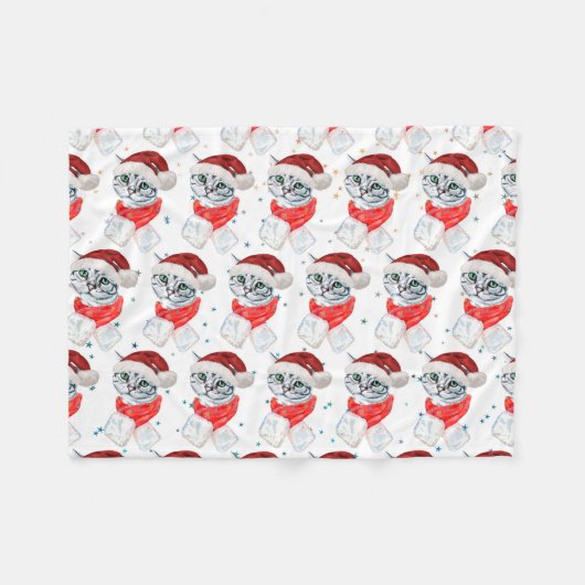 Cute Christmas Grey Tabby Cat Watercolor Fleece Deken (Voorkant (Horizontaal))