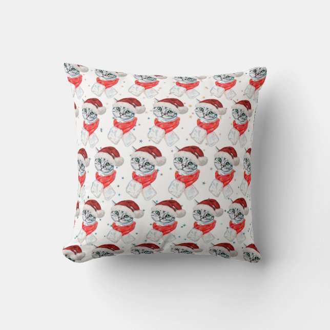 Cute Christmas Grey Tabby Cat Watercolor Kussen (Voorkant)
