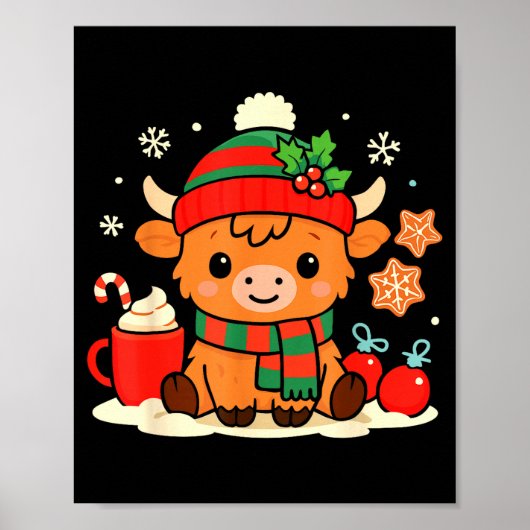 Cute Christmas Highland Cow Heifer Xmas Farm Anima Poster (Voorkant)
