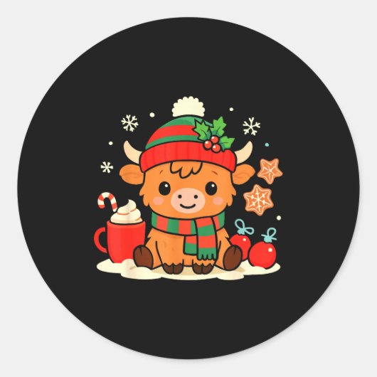 Cute Christmas Highland Cow Heifer Xmas Farm Anima Ronde Sticker (Voorkant)