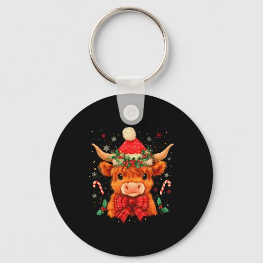 Cute Christmas Highland Cow Mooey Xmas Heifer Sant Sleutelhanger (Voorkant)