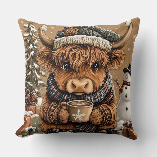 Cute Christmas Highland Cow Throw Pillow Kussen (Voorkant)