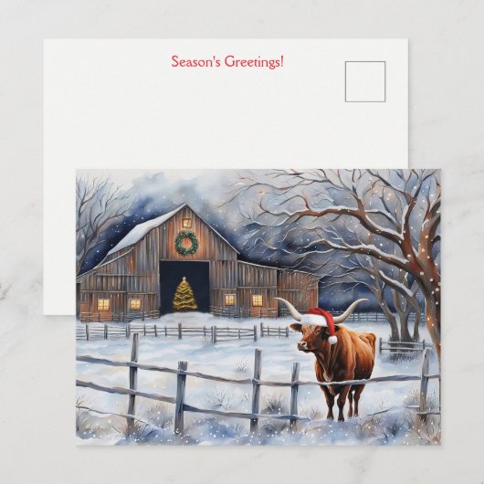 Cute Christmas Holiday Cow and Barn Country Briefkaart (Voorkant / Achterkant)