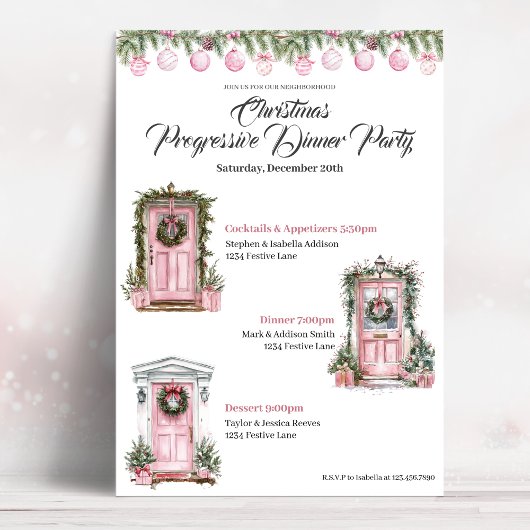 Cute Christmas Holiday Progressive Dinner Pink Kaart