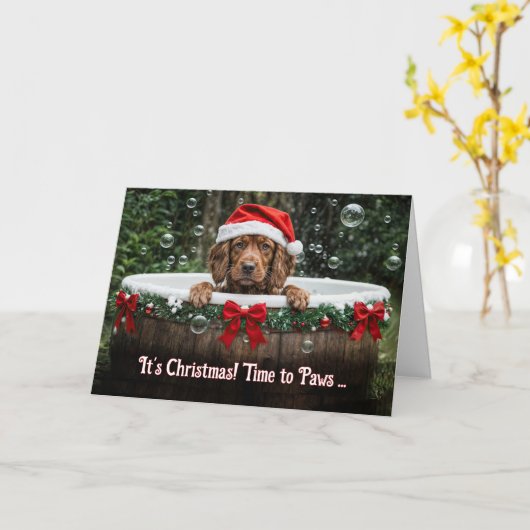 Cute Christmas Holiday with Irish Setter Puppy Kaart (Gele Bloem)
