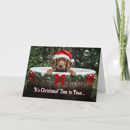 Cute Christmas Holiday with Irish Setter Puppy Kaart (Voorkant)