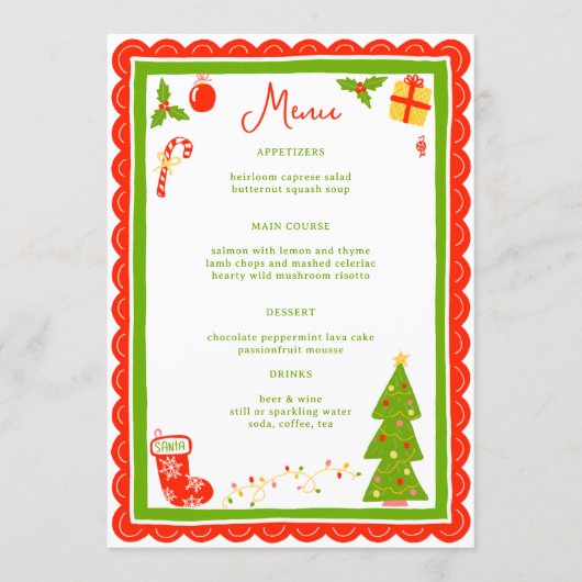 Cute Christmas Icons Scallop CUSTOM Holiday Party Menu (Voorkant)