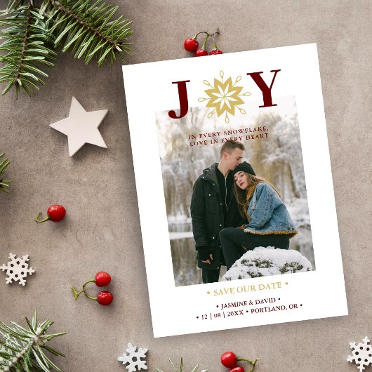 Cute Christmas Joy Snowflake Red & Fake Gold Photo Save The Date