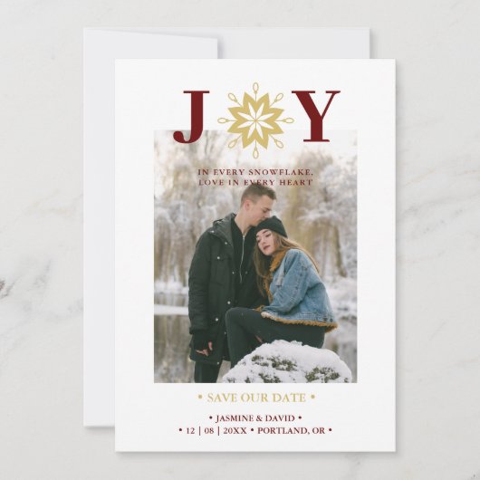 Cute Christmas Joy Snowflake Red & Fake Gold Photo Save The Date (Voorkant)