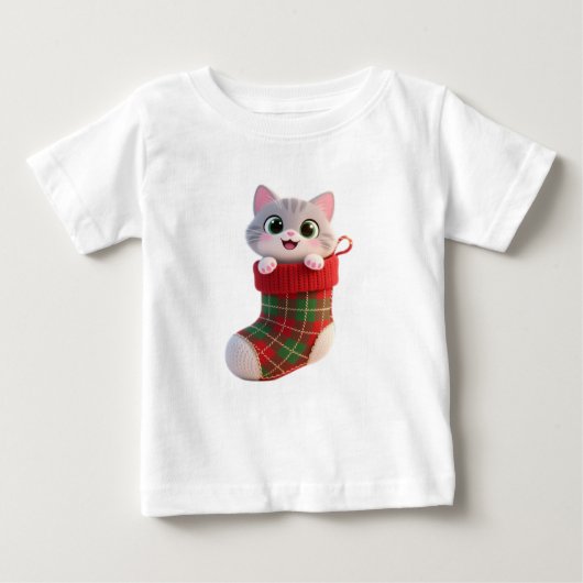 Cute Christmas Kitten in Stocking Baby T-Shirt (Voorkant)