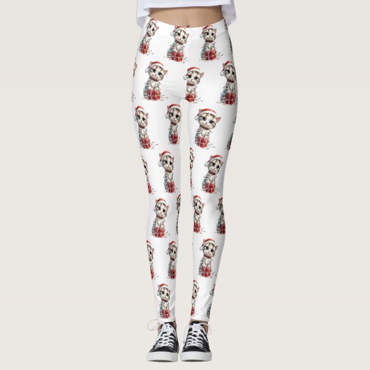 Cute Christmas Kitten on Gift Box Leggings (Voorkant)