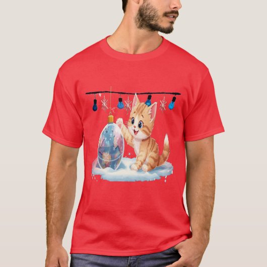 Cute Christmas Kitten Playing with Ornament T-shirt (Voorkant)