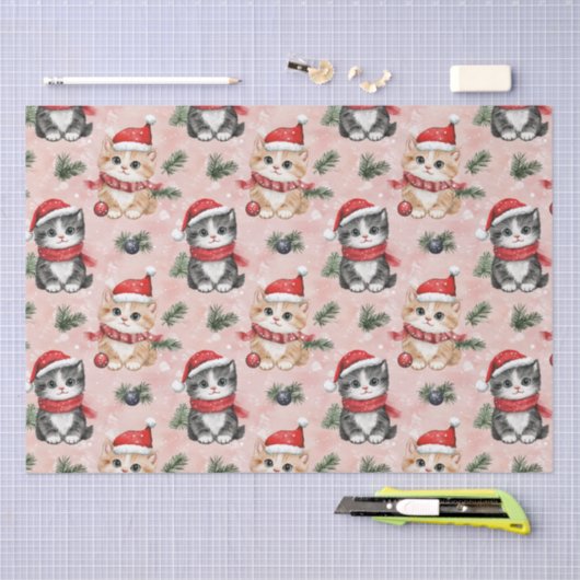 Cute Christmas Kittens on Pink Tissuepapier (Craft)